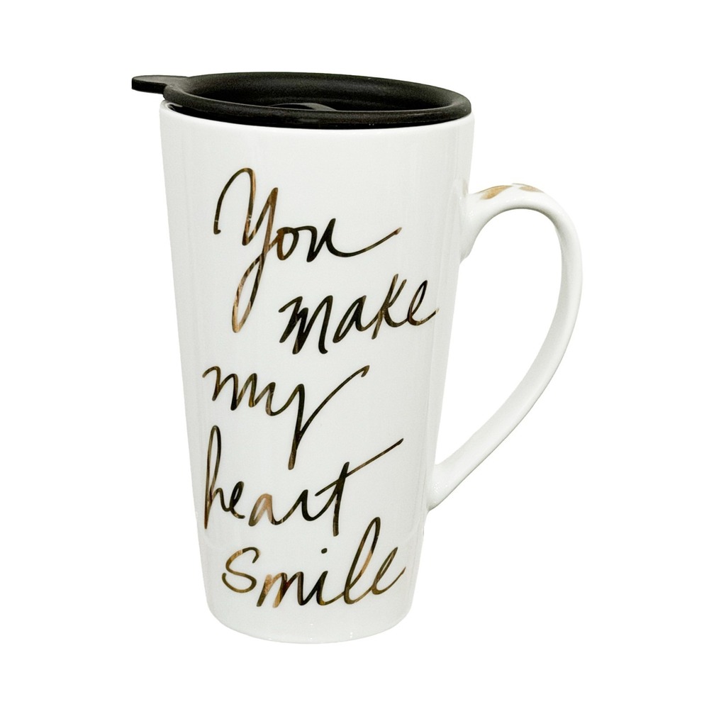 You Make My Heart Smile Travel Mug Removable Lid Prima Design White Gold 6"